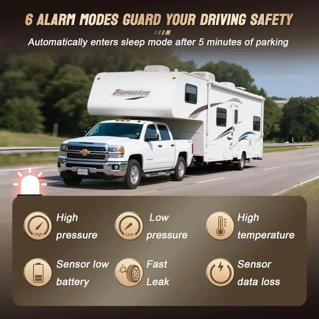 Alt view image 3 of 7 - RV Tire Pressure Monitoring System 6 sensors, 0-199PSI TPMS with Signal Booster,Solar Monitor for Truck,Trailer,Camper,5th Wheel,6 Alerts,Long Sensing Distance