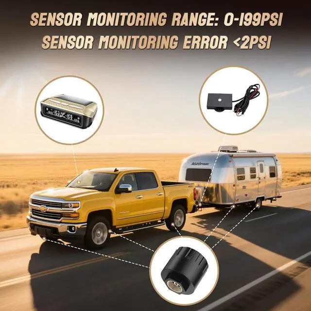 Alt view image 4 of 7 - RV Tire Pressure Monitoring System 6 sensors, 0-199PSI TPMS with Signal Booster,Solar Monitor for Truck,Trailer,Camper,5th Wheel,6 Alerts,Long Sensing Distance