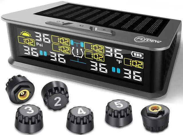 Main image of 6-Wheel RV Tire Pressure Monitoring System (TPMS) - 6 Sensors & 6 Alarm Modes | 0-144 PSI ±1.5PSI, Solar/USB Charging | for Dually Trucks & Heavy-Duty Trailers