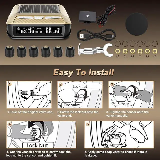 Alt view image 7 of 7 - RV Tire Pressure Monitoring System 6 sensors, 0-199PSI TPMS with Signal Booster,Solar Monitor for Truck,Trailer,Camper,5th Wheel,6 Alerts,Long Sensing Distance