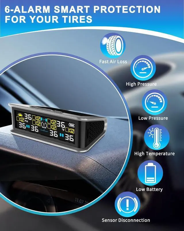 Alt view image 3 of 7 - 6-Wheel RV Tire Pressure Monitoring System (TPMS) - 6 Sensors & 6 Alarm Modes | 0-144 PSI ±1.5PSI, Solar/USB Charging | for Dually Trucks & Heavy-Duty Trailers