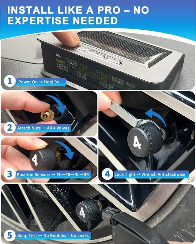 Alt view image 5 of 7 - 6-Wheel RV Tire Pressure Monitoring System (TPMS) - 6 Sensors & 6 Alarm Modes | 0-144 PSI ±1.5PSI, Solar/USB Charging | for Dually Trucks & Heavy-Duty Trailers