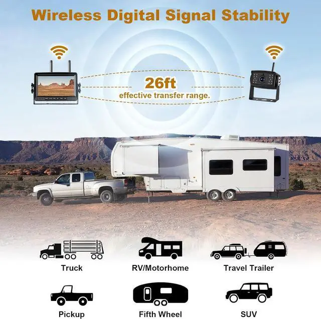 Alt view image 4 of 7 - 7'' Backup Camera Wireless for RV Truck Trailer 26 ft Signal Range HD Monitor Blind Spot Detection 1080P Backup Camera System DVR Loop Recording IR Night Vision IP68 Waterproof..