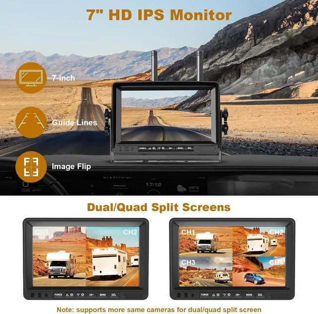 Alt view image 6 of 7 - 7'' Backup Camera Wireless for RV Truck Trailer 26 ft Signal Range HD Monitor Blind Spot Detection 1080P Backup Camera System DVR Loop Recording IR Night Vision IP68 Waterproof..