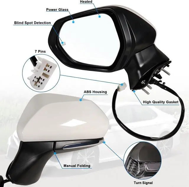 Alt view image 2 of 5 - Left Driver side Mirror Fits 2018-2024 Toyota Camry with Power Glass, Heated, Turn Signal, Blind Spot Detection and Manual Folding Match to White Replace 8794006840(7Pins)