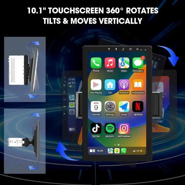 Alt view image 5 of 7 - 10.1 Inch Rotatable Carplay Screen for Car and Android Auto,Single Din Car Stereo with 1080P Backup Camera,Touch Screen GPS Navigation,Bluetooth,Voice Control