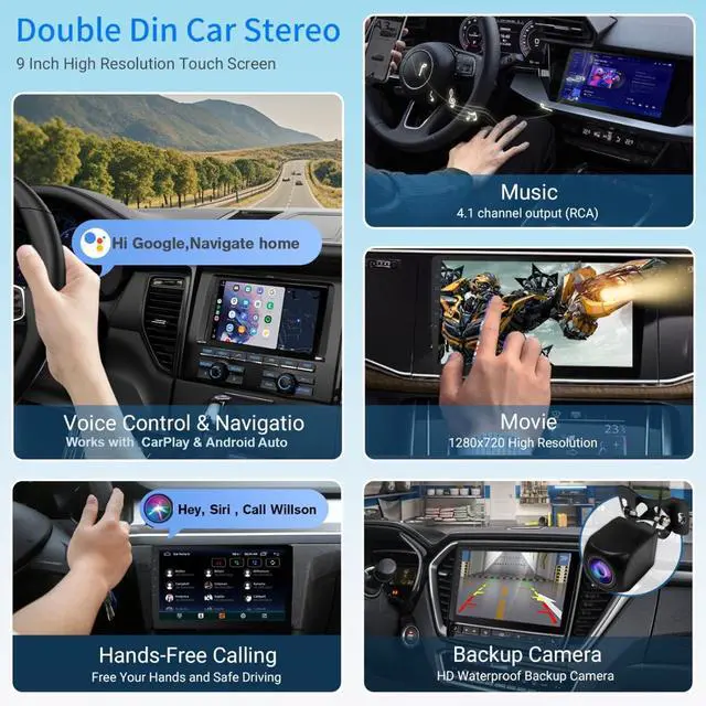 Alt view image 7 of 7 - Wireless Double Din Car Stereo with 9" HD Touchscreen | CarPlay & Android Auto | Backup Camera | Bluetooth GPS Navigation | FM/AM | All Vehicles