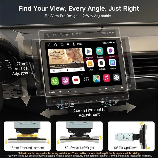 Alt view image 2 of 7 - [10" QLED]  Android Double-DIN & Single-DIN Adaptive Car Stereo with Floating Screen, 4G LTE, Wi-Fi/BT/USB, Wireless CarPlay&Android Auto, AI-Chat, 4G+32G, DSP/SCVC/LRV, Backup Camera
