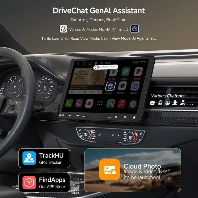 Alt view image 3 of 7 - [10" QLED]  Android Double-DIN & Single-DIN Adaptive Car Stereo with Floating Screen, 4G LTE, Wi-Fi/BT/USB, Wireless CarPlay&Android Auto, AI-Chat, 4G+32G, DSP/SCVC/LRV, Backup Camera