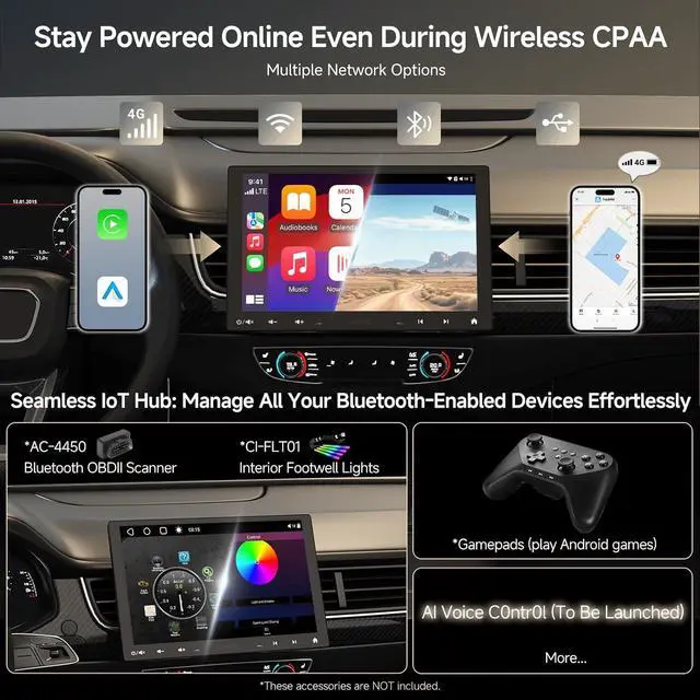 Alt view image 5 of 7 - [10" QLED]  Android Double-DIN & Single-DIN Adaptive Car Stereo with Floating Screen, 4G LTE, Wi-Fi/BT/USB, Wireless CarPlay&Android Auto, AI-Chat, 4G+32G, DSP/SCVC/LRV, Backup Camera