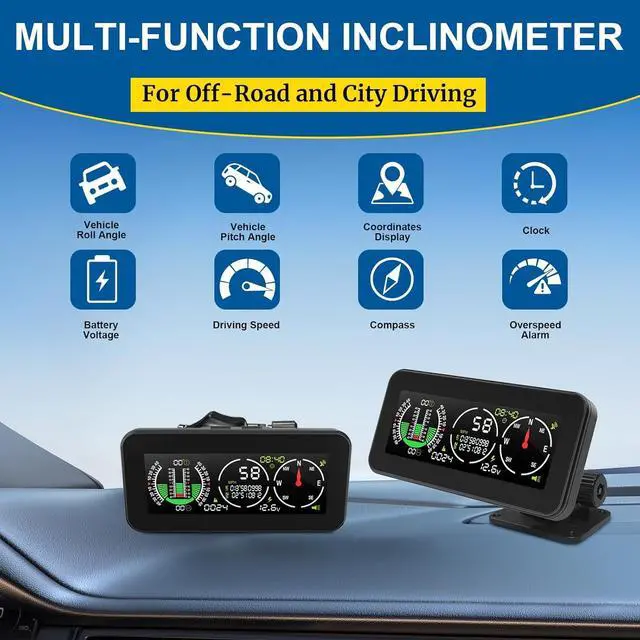 Alt view image 2 of 6 - Car Inclinometer for Off-Road Driving, GPS Speedometer MPH KMH with Compass, Multi-Functional Digital HUD Dashboard Slope Meter, Upgrade Vehicle Level Tilt Gauge