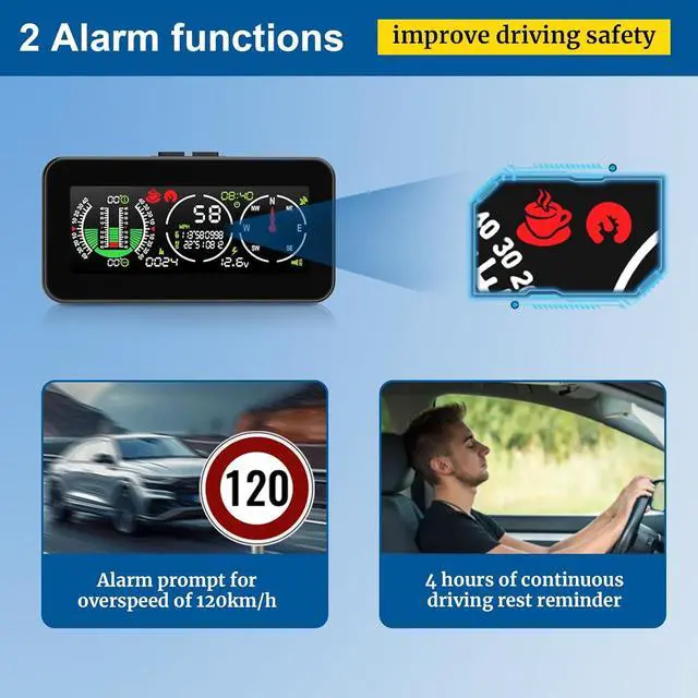 Alt view image 6 of 6 - Car Inclinometer for Off-Road Driving, GPS Speedometer MPH KMH with Compass, Multi-Functional Digital HUD Dashboard Slope Meter, Upgrade Vehicle Level Tilt Gauge