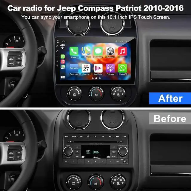 Alt view image 2 of 7 - [4+64G] Android 13 Car Stereo for Jeep Compass Patriot 2010-2016 Support Wireless Carplay&Android Auto, 10.1 inch IPS Touchscreen Patriot Radio with GPS, WiFi, Bluetooth FM Radio