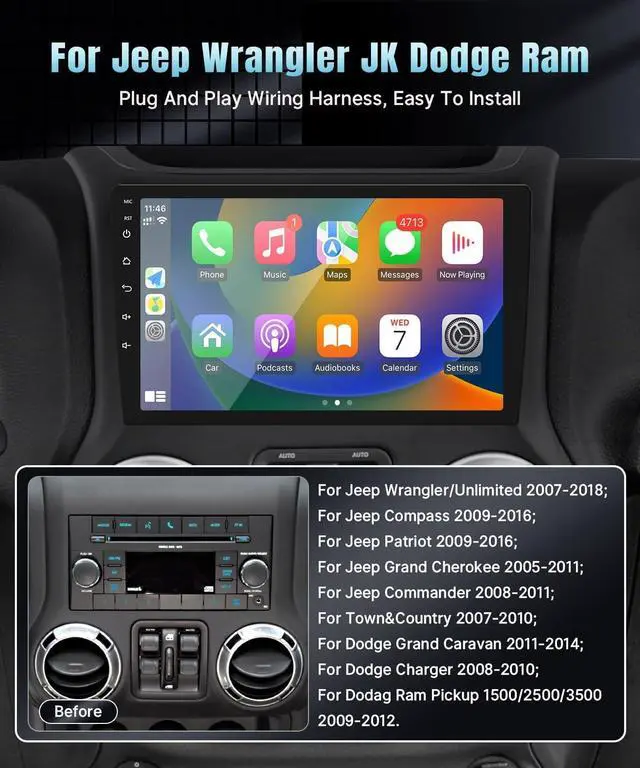 Alt view image 2 of 6 - Android Car Radio Stereo for Jeep Wrangler JK Compass Grand Cherokee Dodge Ram 1500 with CarPlay Android Auto, 2+32G Touchscreen Car Radio Bluetooth/in Dash GPS Navigation/WiFi/SWC/Camera