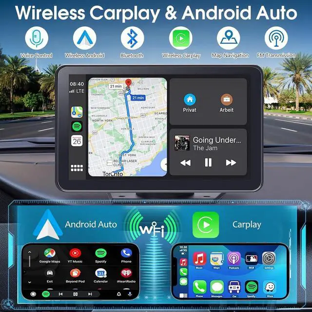 Alt view image 2 of 7 - Carplay Screen for Car, 7" HD Wireless Portable Car Play Touchscreen Stereo with Android Auto Mirror Link/Backup Camera/GPS Navigation/Satellite Radio for All Vehicles