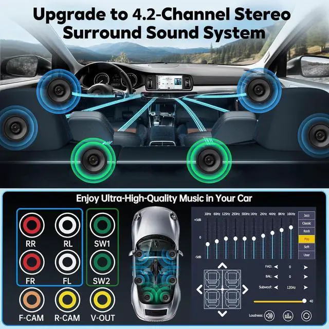 Alt view image 4 of 7 - [QLED Screen Upgrade] 7" Double Din Car Stereo with Wireless Apple CarPlay and Android Auto, 240W Powerful Sound, 4.2-Channel Audio Output, Bluetooth, MirrorLink, Backup Camera, AM/FM Car Radio