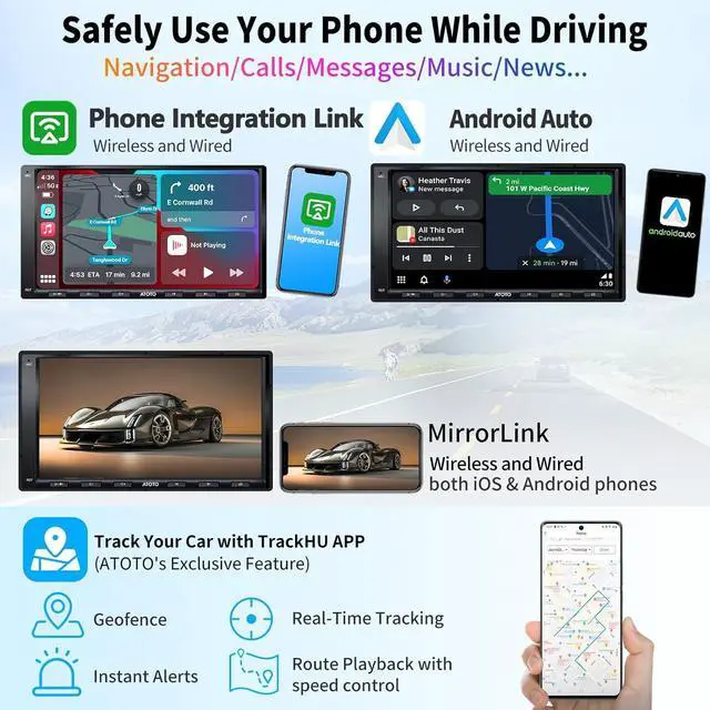 Alt view image 4 of 7 - A6PF Android Double-DIN Car Stereo, Wireless CarPlay, Wireless Android Auto, Mirrorlink, 7" Touchscreen in-Dash Navigation, GPS Tracker, WiFi/BT/USB Tethering, HD LRV, 2G+32G, A6G2A7PF