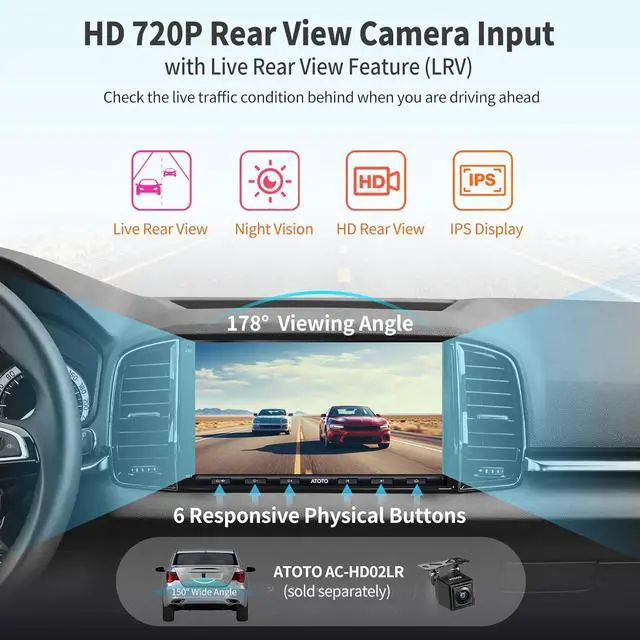 Alt view image 6 of 7 - A6PF Android Double-DIN Car Stereo, Wireless CarPlay, Wireless Android Auto, Mirrorlink, 7" Touchscreen in-Dash Navigation, GPS Tracker, WiFi/BT/USB Tethering, HD LRV, 2G+32G, A6G2A7PF