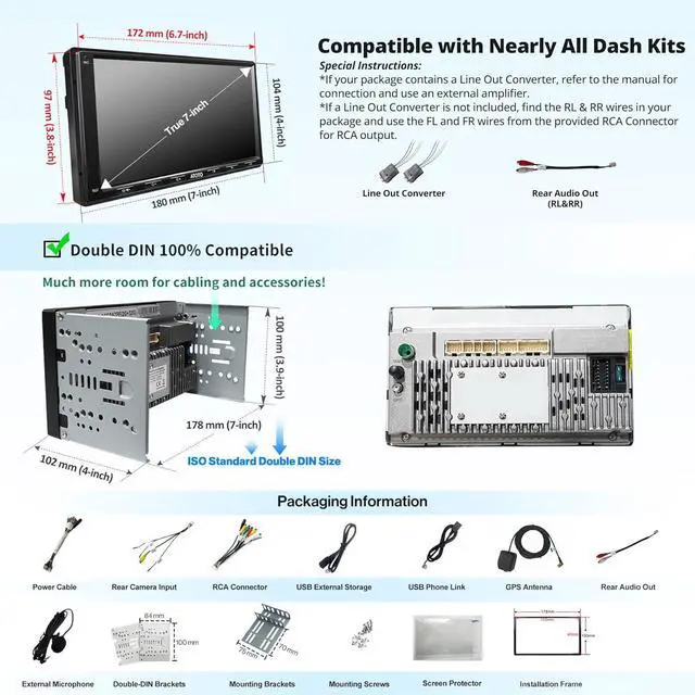 Alt view image 7 of 7 - A6PF Android Double-DIN Car Stereo, Wireless CarPlay, Wireless Android Auto, Mirrorlink, 7" Touchscreen in-Dash Navigation, GPS Tracker, WiFi/BT/USB Tethering, HD LRV, 2G+32G, A6G2A7PF