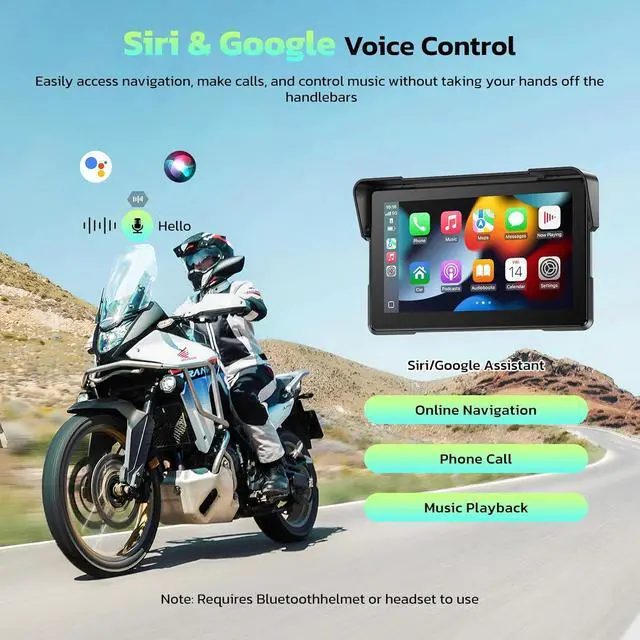 Alt view image 3 of 7 - 7-Inch Wireless Motorcycle Carplay GPS Navigation System with Apple Carplay and Android Auto, Portable Moto Car Play Screen with Dual Bluetooth, Navigation, Siri, Google Assistant, Anti-Glare