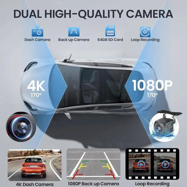 Alt view image 2 of 7 - 9'' HD Portable Carplay Screen for Car with 4K Dash Cam & 1080P Backup Camera DVR, Car Audio Receivers with Carplay & Android Auto Touch Screen, GPS Navigation, Mirror Link, Voice Control