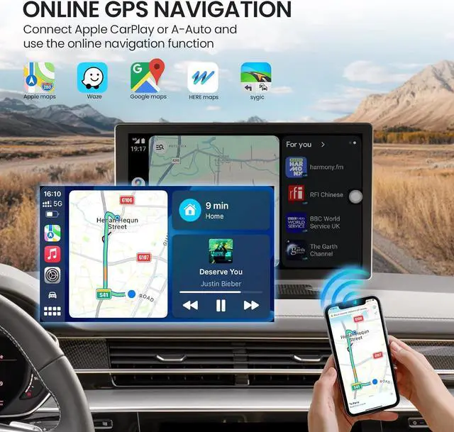 Alt view image 6 of 7 - 9'' HD Portable Carplay Screen for Car with 4K Dash Cam & 1080P Backup Camera DVR, Car Audio Receivers with Carplay & Android Auto Touch Screen, GPS Navigation, Mirror Link, Voice Control