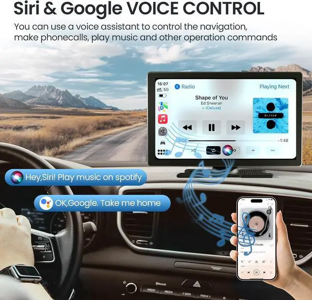 Alt view image 7 of 7 - 9'' HD Portable Carplay Screen for Car with 4K Dash Cam & 1080P Backup Camera DVR, Car Audio Receivers with Carplay & Android Auto Touch Screen, GPS Navigation, Mirror Link, Voice Control