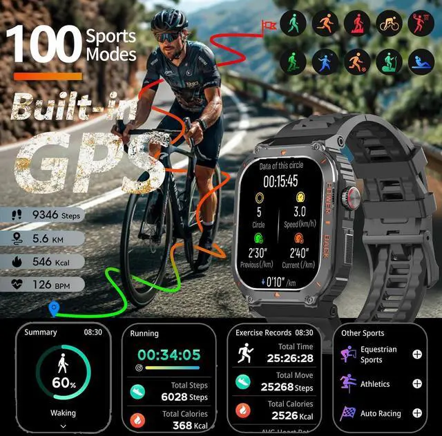 Alt view image 4 of 7 - Military GPS Smart Watch for Men with Offline Map/Air Pressure/Altitude/Compass,smart Watch for Android Phones and iPhone,Waterproof Fitness Tracker with Blood Oxygen/Heart Rate/Sleep/100+ Sport Modes