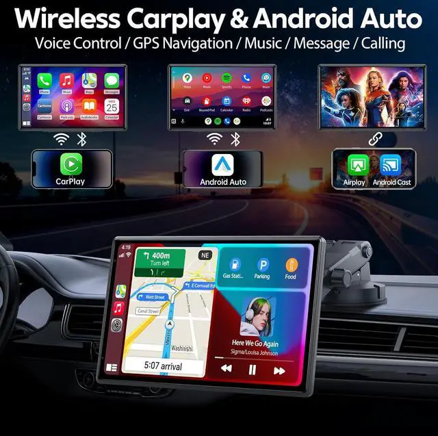 Alt view image 2 of 6 - Wireless CarPlay Screen for Car - Portable Dash 9" HD IPS Screen with Strongest Suction Mount, Android Auto, GPS Navigation, Bluetooth Handsfree, Airplay, MirrorCast, Fit Most Cars
