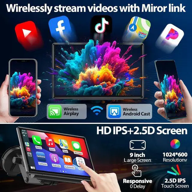 Alt view image 5 of 6 - Wireless CarPlay Screen for Car - Portable Dash 9" HD IPS Screen with Strongest Suction Mount, Android Auto, GPS Navigation, Bluetooth Handsfree, Airplay, MirrorCast, Fit Most Cars