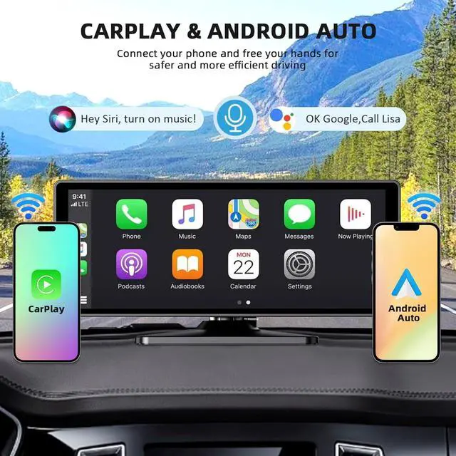 Alt view image 2 of 7 - 10.26 Inch Carplay Screen for Car, Portable Car Play Screen with Wireless Carplay & Android Auto, 4K Dash Cam/1080P Backup Camera/GPS Navigation/Mirror Link/Bluetooth, Portable Carplay with 64GB TF