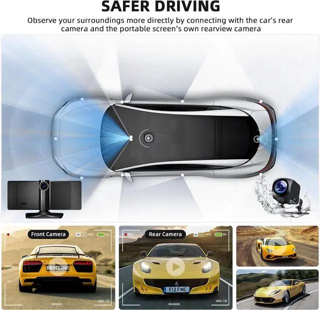 Alt view image 3 of 7 - 10.26 Inch Carplay Screen for Car, Portable Car Play Screen with Wireless Carplay & Android Auto, 4K Dash Cam/1080P Backup Camera/GPS Navigation/Mirror Link/Bluetooth, Portable Carplay with 64GB TF