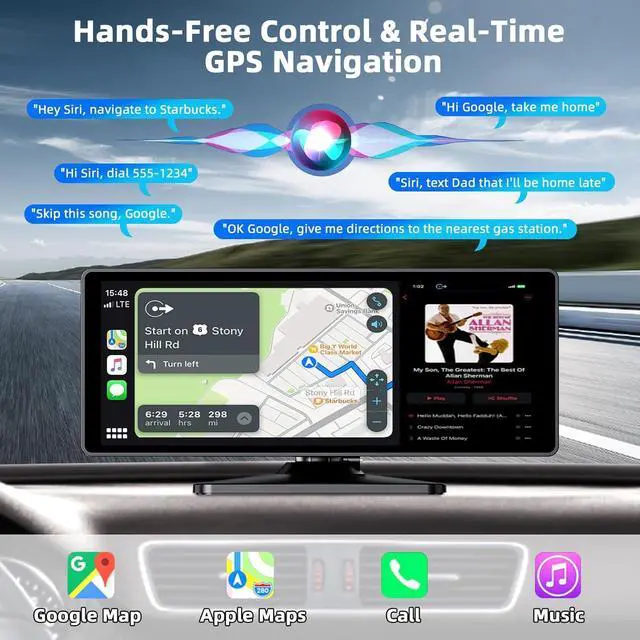 Alt view image 4 of 7 - 10.26 Inch Carplay Screen for Car, Portable Car Play Screen with Wireless Carplay & Android Auto, 4K Dash Cam/1080P Backup Camera/GPS Navigation/Mirror Link/Bluetooth, Portable Carplay with 64GB TF