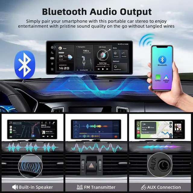 Alt view image 5 of 7 - 10.26 Inch Carplay Screen for Car, Portable Car Play Screen with Wireless Carplay & Android Auto, 4K Dash Cam/1080P Backup Camera/GPS Navigation/Mirror Link/Bluetooth, Portable Carplay with 64GB TF