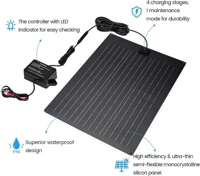 Alt view image 4 of 7 - Solar Battery Charger Maintainer,  20W Solar Panel Kit for Dump Trailer Built-in Maintenance Pulse & Intelligent MPPT Charge Controller, Waterproof, Suitable for 12V Lead-Acid Battery