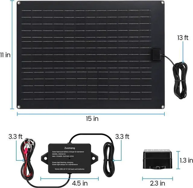 Alt view image 5 of 7 - Solar Battery Charger Maintainer,  20W Solar Panel Kit for Dump Trailer Built-in Maintenance Pulse & Intelligent MPPT Charge Controller, Waterproof, Suitable for 12V Lead-Acid Battery