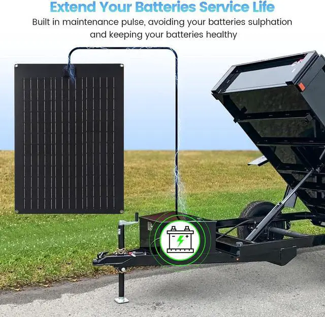 Alt view image 2 of 7 - Solar Battery Charger Maintainer,  20W Solar Panel Kit for Dump Trailer Built-in Maintenance Pulse & Intelligent MPPT Charge Controller, Waterproof, Suitable for 12V Lead-Acid Battery