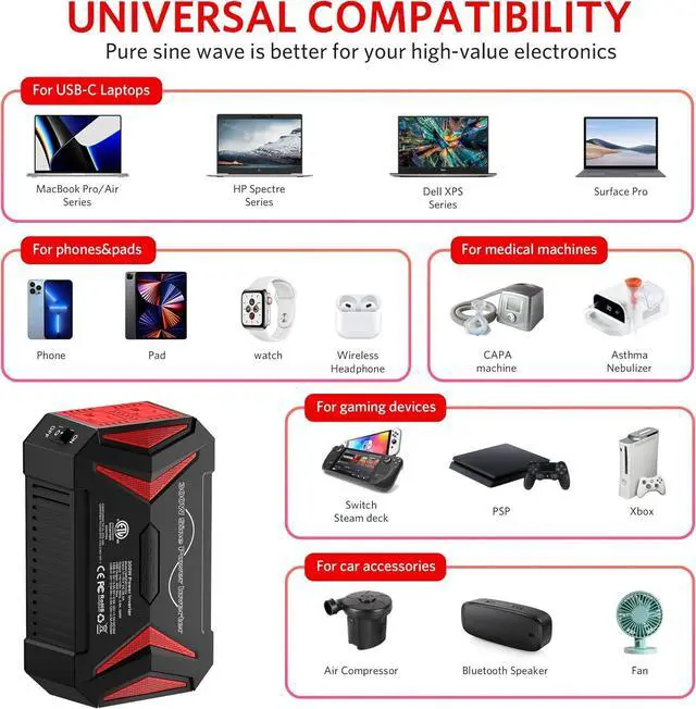 Alt view image 6 of 7 - 300Watt Pure Sine Wave Power Inverter [30W PD USB-C] Car Adapter DC 12V to AC 110V with QC3.0 USB Ports, Multi-Protection Car Charger Power Inverter for Vehicles