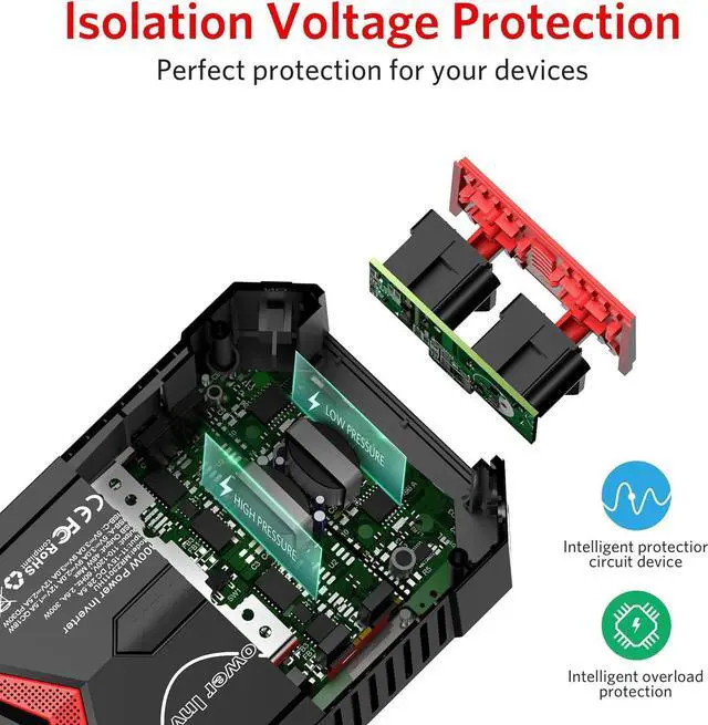 Alt view image 5 of 7 - 300Watt Pure Sine Wave Power Inverter [30W PD USB-C] Car Adapter DC 12V to AC 110V with QC3.0 USB Ports, Multi-Protection Car Charger Power Inverter for Vehicles