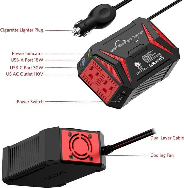 Alt view image 7 of 7 - 300Watt Pure Sine Wave Power Inverter [30W PD USB-C] Car Adapter DC 12V to AC 110V with QC3.0 USB Ports, Multi-Protection Car Charger Power Inverter for Vehicles