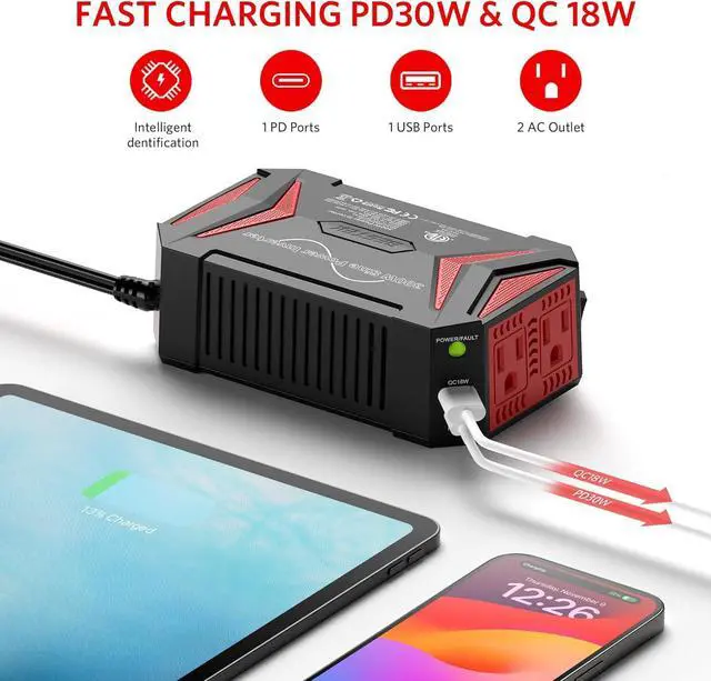 Alt view image 3 of 7 - 300Watt Pure Sine Wave Power Inverter [30W PD USB-C] Car Adapter DC 12V to AC 110V with QC3.0 USB Ports, Multi-Protection Car Charger Power Inverter for Vehicles