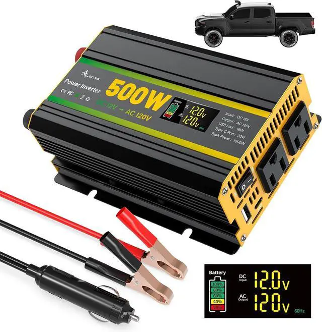 Main image of 500 Watt Power Inverter for Vehicles, Car Power Inverter with 2 AC Outlets/Cigarette Lighter/PD 36W USB-C/QC 18W Port/LED Display, Inverter 12V to 110V for Truck/Car/Laptop/Camping with Surge 1000W
