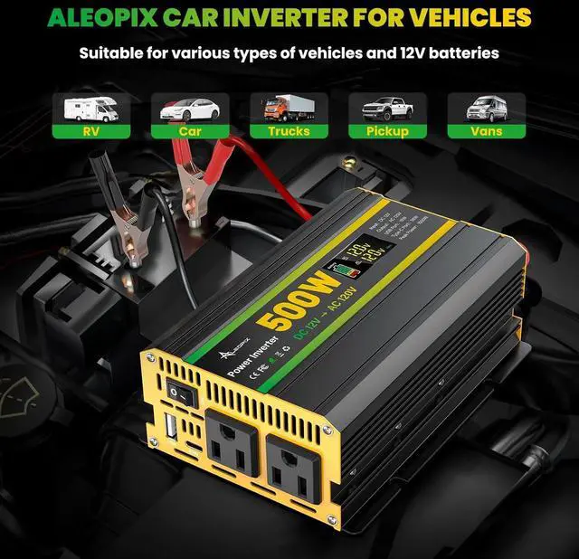 Alt view image 2 of 7 - 500 Watt Power Inverter for Vehicles, Car Power Inverter with 2 AC Outlets/Cigarette Lighter/PD 36W USB-C/QC 18W Port/LED Display, Inverter 12V to 110V for Truck/Car/Laptop/Camping with Surge 1000W