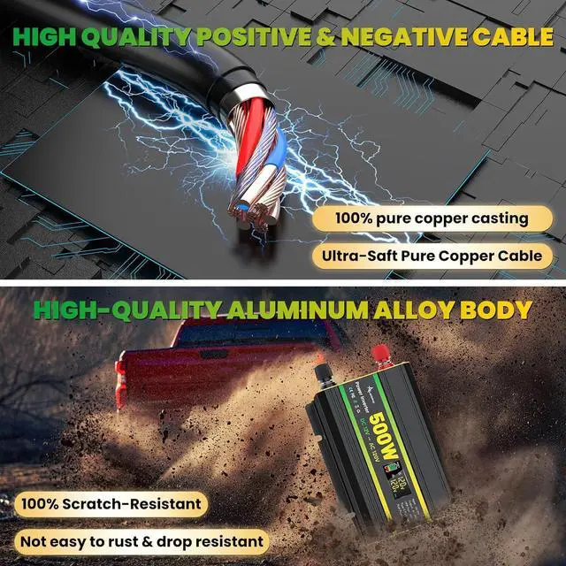 Alt view image 7 of 7 - 500 Watt Power Inverter for Vehicles, Car Power Inverter with 2 AC Outlets/Cigarette Lighter/PD 36W USB-C/QC 18W Port/LED Display, Inverter 12V to 110V for Truck/Car/Laptop/Camping with Surge 1000W