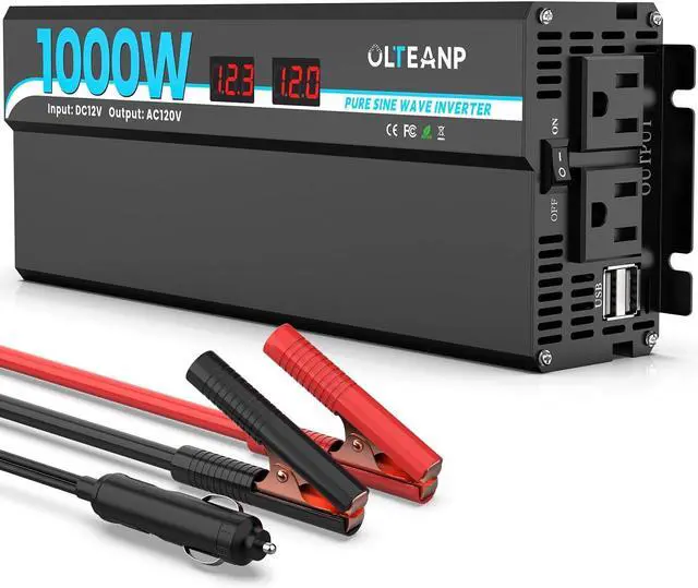 Main image of 1000W Pure Sine Wave Power Inverter with 2 AC Outlets, 2 USB Ports, LCD Display, 12V to 110V Car & Home Inverter for Vehicles, Laptop