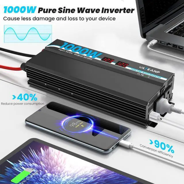 Alt view image 2 of 7 - 1000W Pure Sine Wave Power Inverter with 2 AC Outlets, 2 USB Ports, LCD Display, 12V to 110V Car & Home Inverter for Vehicles, Laptop