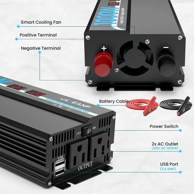 Alt view image 6 of 7 - 1000W Pure Sine Wave Power Inverter with 2 AC Outlets, 2 USB Ports, LCD Display, 12V to 110V Car & Home Inverter for Vehicles, Laptop