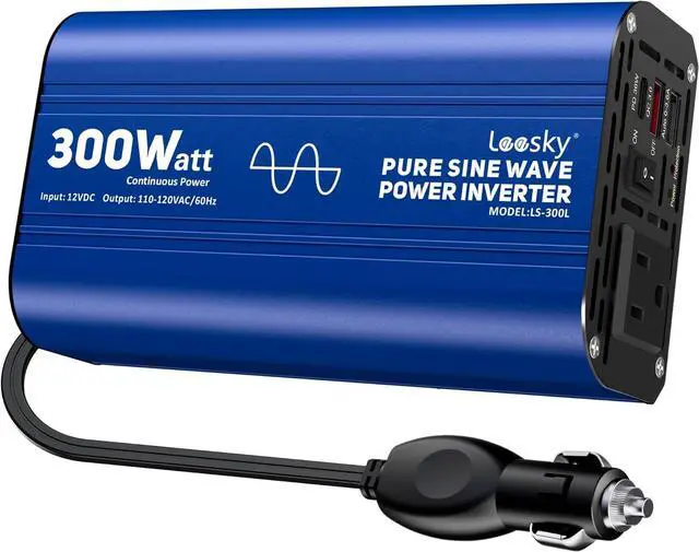 Main image of 300 watt Pure Sine Wave Car Inverter 12V DC to 110V AC Power Inverter Converter with 30W PD USB-C & QC3.0 Fast Charging & AC Outlet for Vehicle Truck RV