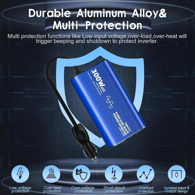 Alt view image 3 of 7 - 300 watt Pure Sine Wave Car Inverter 12V DC to 110V AC Power Inverter Converter with 30W PD USB-C & QC3.0 Fast Charging & AC Outlet for Vehicle Truck RV