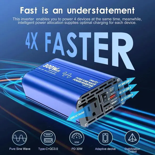 Alt view image 2 of 7 - 300 watt Pure Sine Wave Car Inverter 12V DC to 110V AC Power Inverter Converter with 30W PD USB-C & QC3.0 Fast Charging & AC Outlet for Vehicle Truck RV